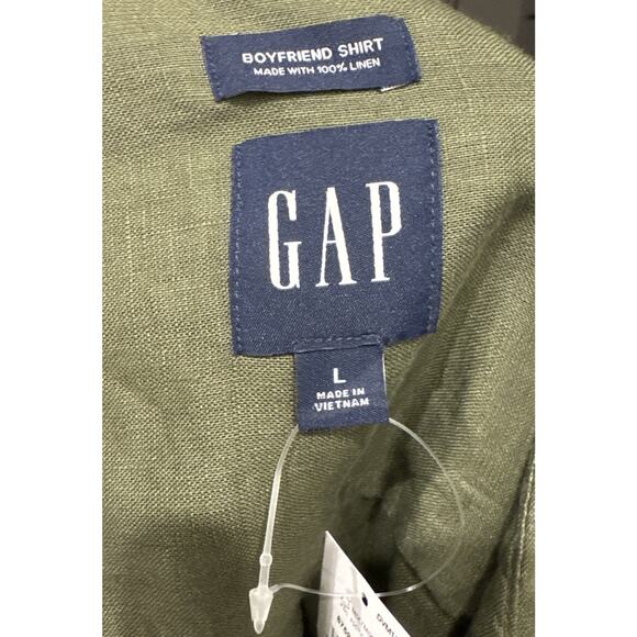 GAP Green Linen Boyfriend Shirt Women’s Size Large Button Front Long Sleeve Boho - Picture 6 of 7